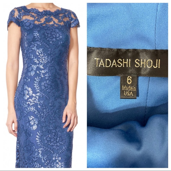 Tadashi Shoji PAILLETTE EMBROIDERED LACE CAP SLEEVE GOWN - Picture 2 of 10